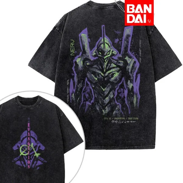

Neon Genesis Evangelion Unit-01 Shinji Sync Acid Wash Oversized Black T-Shirt 2026 Summer Anime Streetwear Graphic Tee