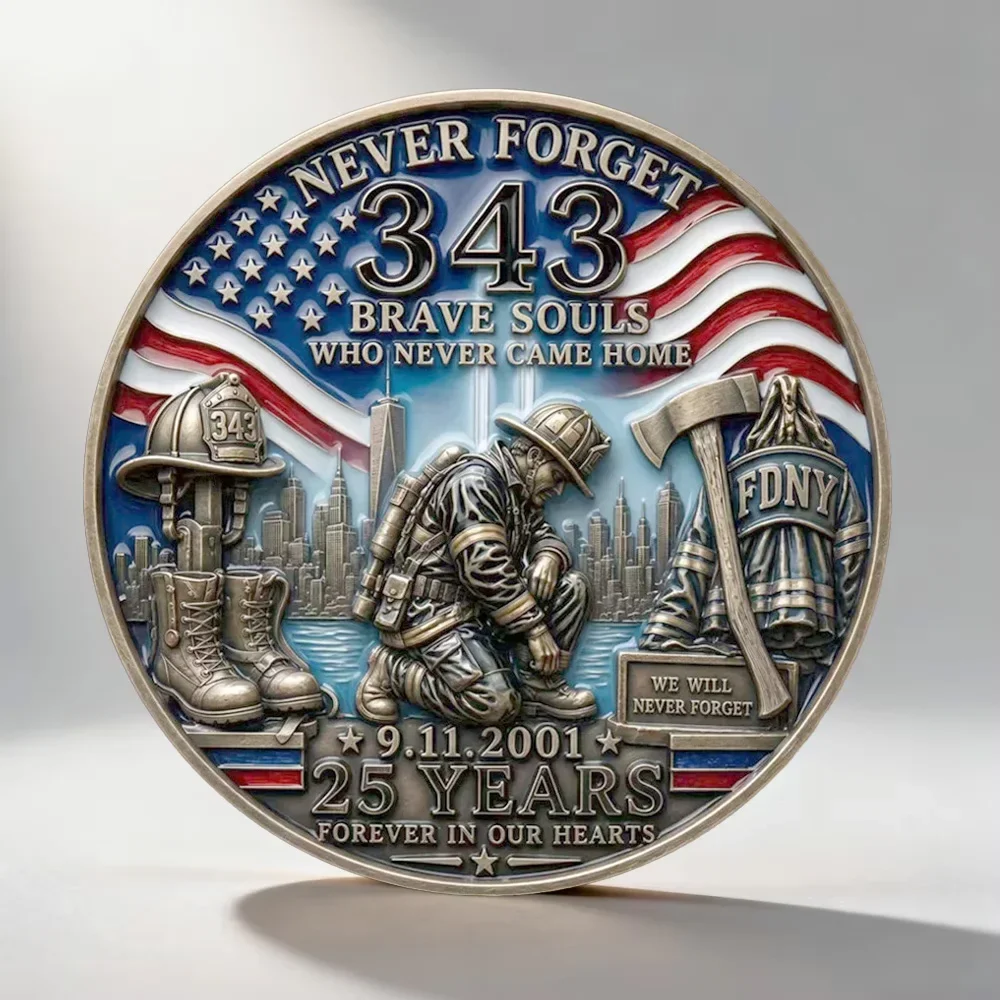 9/11 25. Jahrestag 343 Gefallene Feuerwehrleute Bronzebeschichtete Gedenkmünze Nie Vergessen WTC Tribut-Souvenir-Münze Heimdekoration – Detail 4