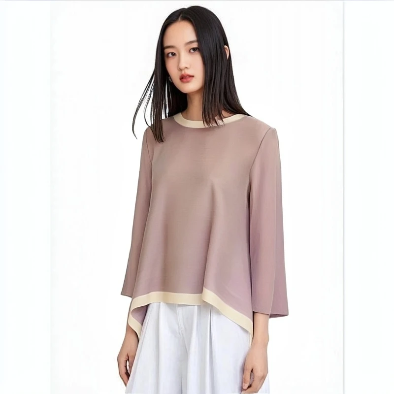 

Miyake Pleated Summer New Style Color Block Round Neck Three-Quarter Sleeve Loose Pleated Top Versatile T-Shirt for Women