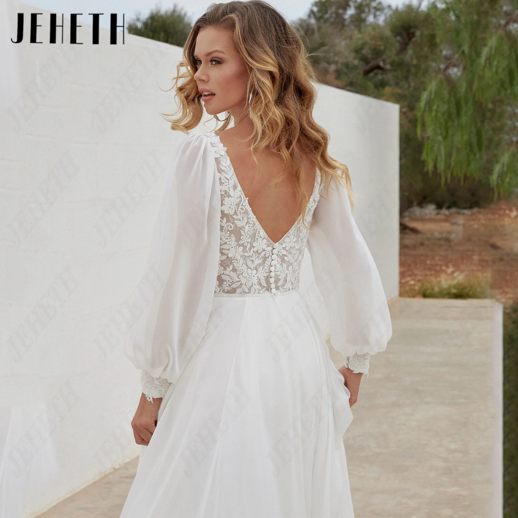 JEHETH A‑line Deep V Back Wedding Gown Puffy Long Sleeves Lace Applique Personalized Bridal Dress Chiffon Elegant Bride Dresses