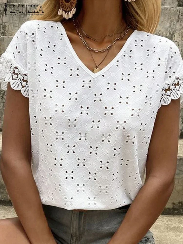 

ZANZEA 2025 Summer Women Fashion Tops Casual Hollow Out Blouse Elegant Lace Stitching V-neck Tees Short Sleeve Korean Tops