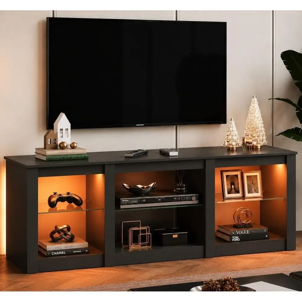 ern LED TV Stand or 65 70 Inch TV, 58" Entertainment Center with Adjustable Glass Shelves & RGB Lights, Wood Media ole Table or