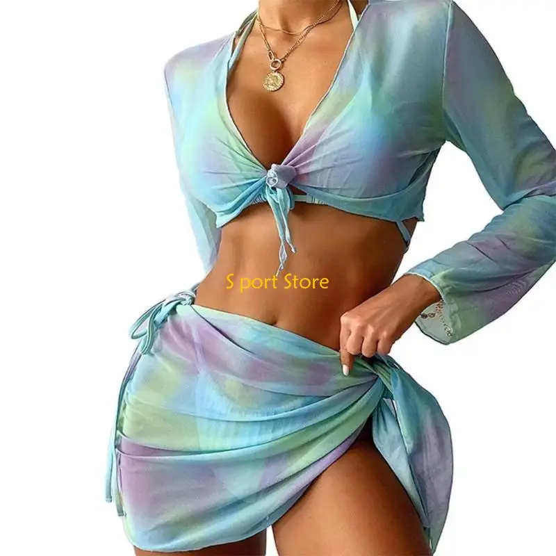 U2JB Womens Four-Pieces Sexy Halter Neck High Cut Thong Swimsuit Push Up Bikinis Lacing up Swimwear Bathing Suit Beachwear