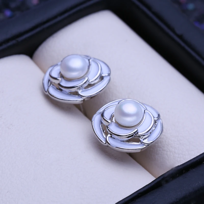 FENAS Natural Freshwater Pearl Earrings For Women Fashion Silver Color Flower Stud Earrings Wedding Jewelry