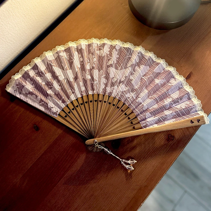 Lace Butterfly Trim Folding Fan Portable Summer Cooling Daily Fan for Women Lolita Renaissance Style Chinese Lightweight Gift