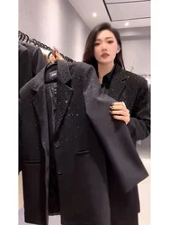 2024 New Spring Shiny Water Drill Suits Jacket for Women Diamonds Black Blazers Coat Lady Elegant Single-breasted Casual Outwear