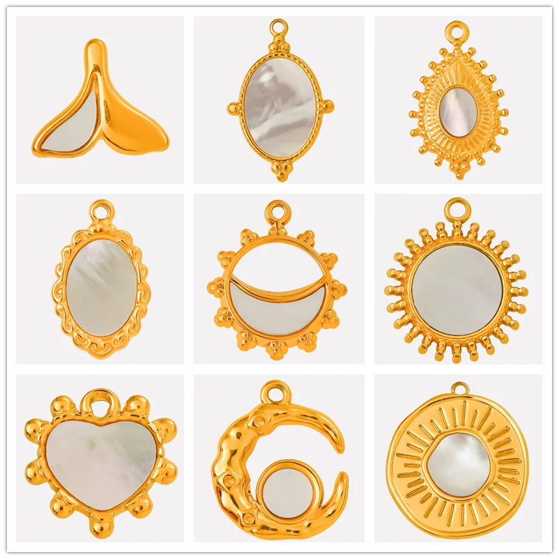 

2pcs White Shell Charm Stainless Steel Pendants For Jewelry Making Supplies Mirror Sun Heart DIY Charms In Bulk Real Gold Plated
