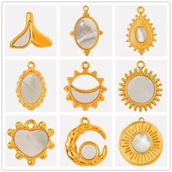 2pcs White Shell Charm Stainless Steel Pendants For Jewelry Making Supplies Mirror Sun Heart DIY Charms In Bulk Real Gold Plated