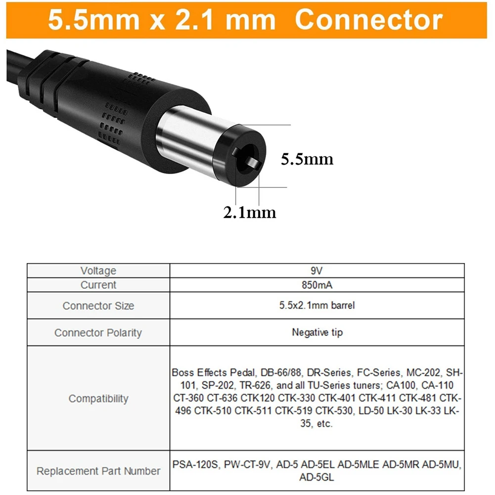 Pedal de efeito de fonte de alimentação com cabo de 2M 9V 850MA Adaptador de alimentação para pedais com efeitos de guitarra elétrica, plugue UE