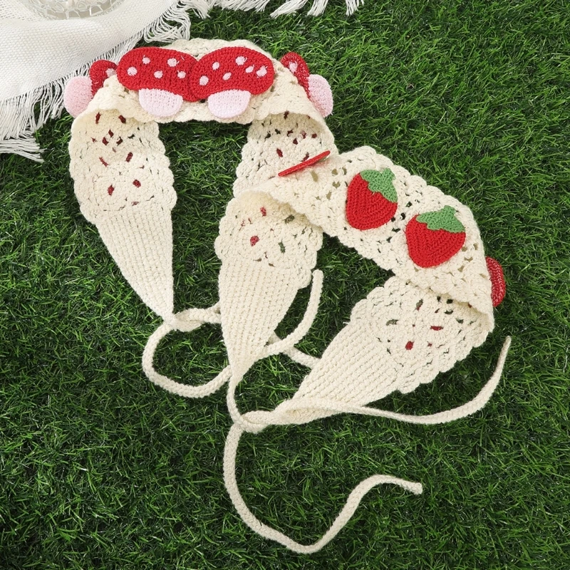 Lovely Mushroom Strawberry Pattern Knit Triangles Head Scarf Women Girls Pastoral Headband for Daily Life Dates Hair Accessories