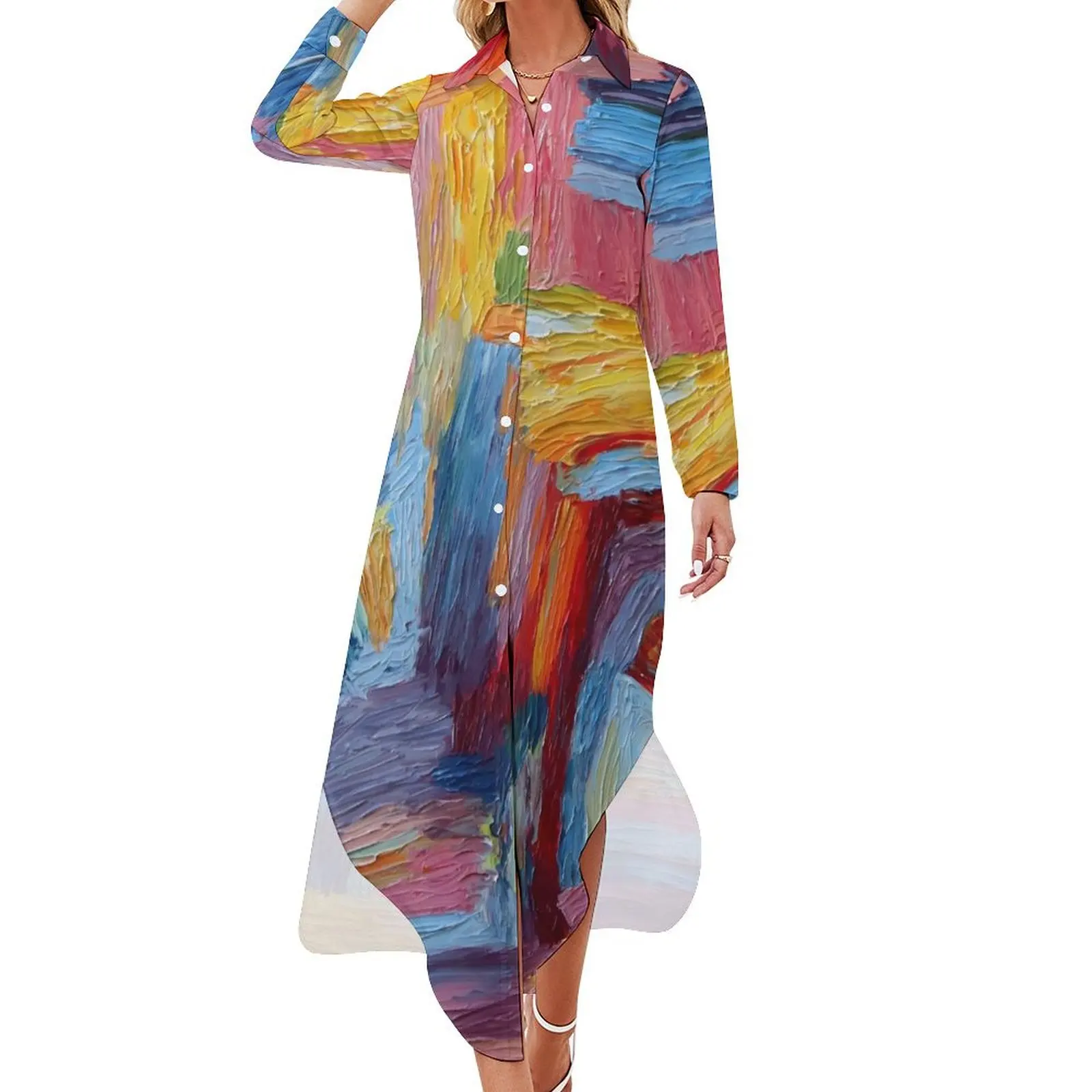 Paint Brush Chiffon Dress Colorful Print Elegant Dresses Woman Long Sleeve Streetwear V Neck Custom Big Size Casual Dress