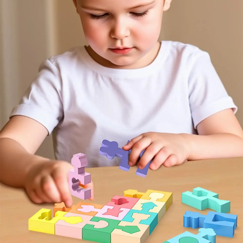 Wooden Puzzles Geometric Shape Matching Toy 16 Pcs Jigsaw Puzzle for Kids Boys Girls Learning Home School Kindergarten Educatio