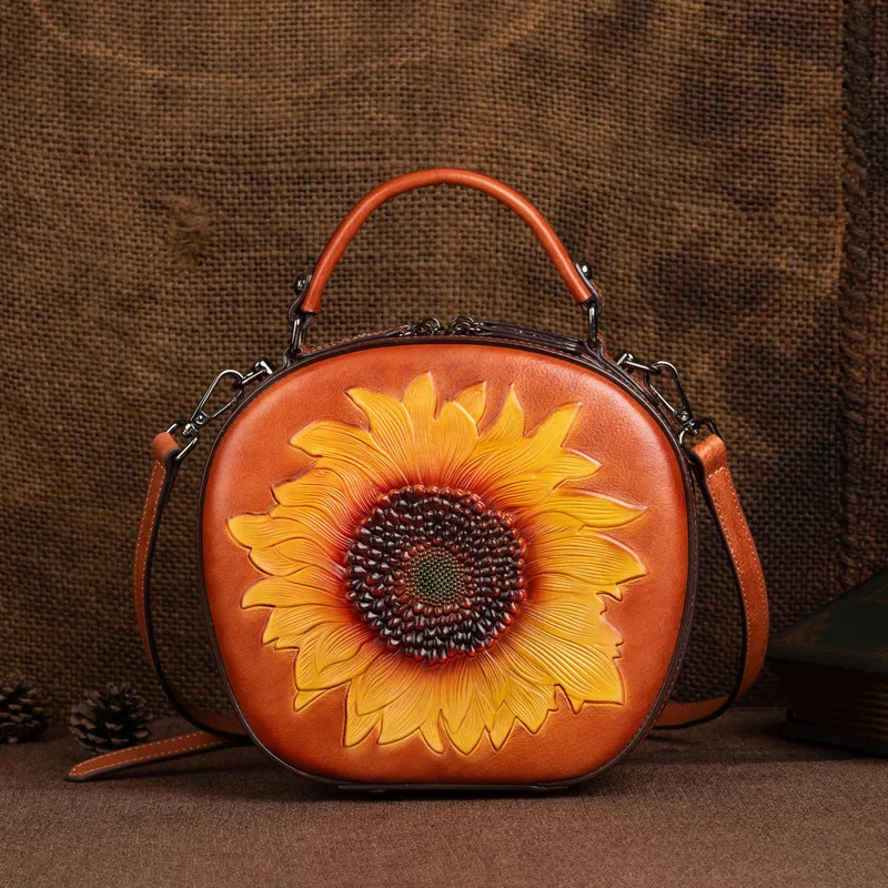 

Женская сумка через плечо из натуральной кожи растительного дубления, круглая сумка-кроссбоди в стиле ретро с подсолнуховым узором, высококачественная.