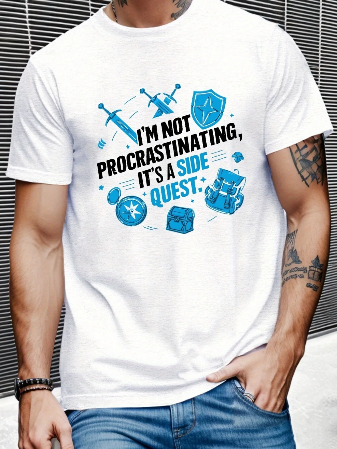 Unique 'Procrastinating Side Quest' Graphic T-Shirt 100% Cotton O-Neck Short Sleeve Summer Casual Mens T-shirt Streetwear