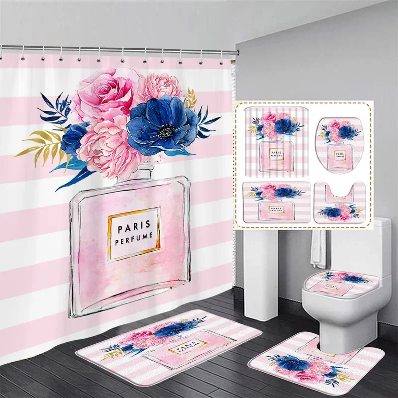 Fashion perfume shower curtain set pink flowers butterfly black white stripe girls home bathroom decor bath mat toilet lid cover