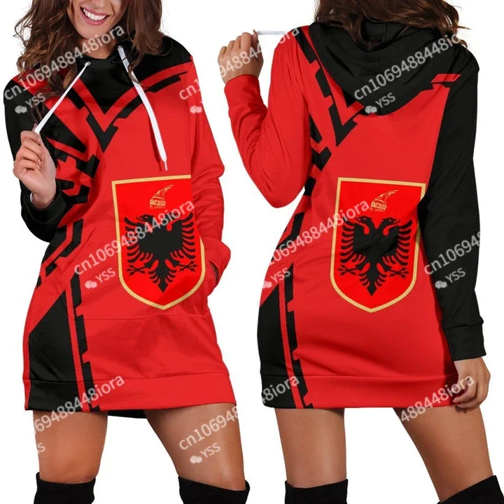 

ALBANIA Emblem Country Flag New Harajuku Novelty 3D Print Autumn Hoodies Dress Women Casual Wear Long Sleeve Hooded Dress