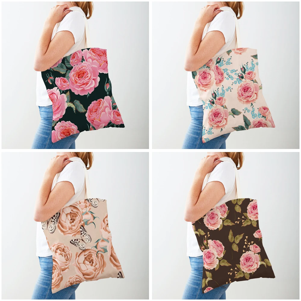 Bolsa de compras feminina de ambos os lados, desenho animado, rosa, floral, pássaro, bolsa reutilizável, planta, flor, estampa, casual, sacola de compras de lona