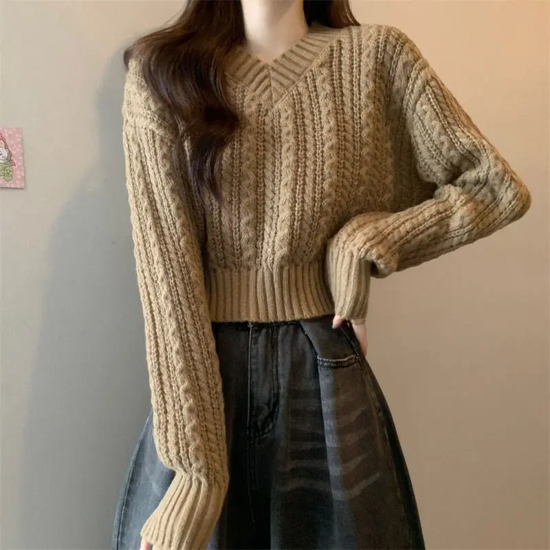 

Vintage Solid Color Short Sweaters Autumn Winter Loose Casual V-Neck Female Clothing Commute Basic Long Sleeve Knitted Jumpers