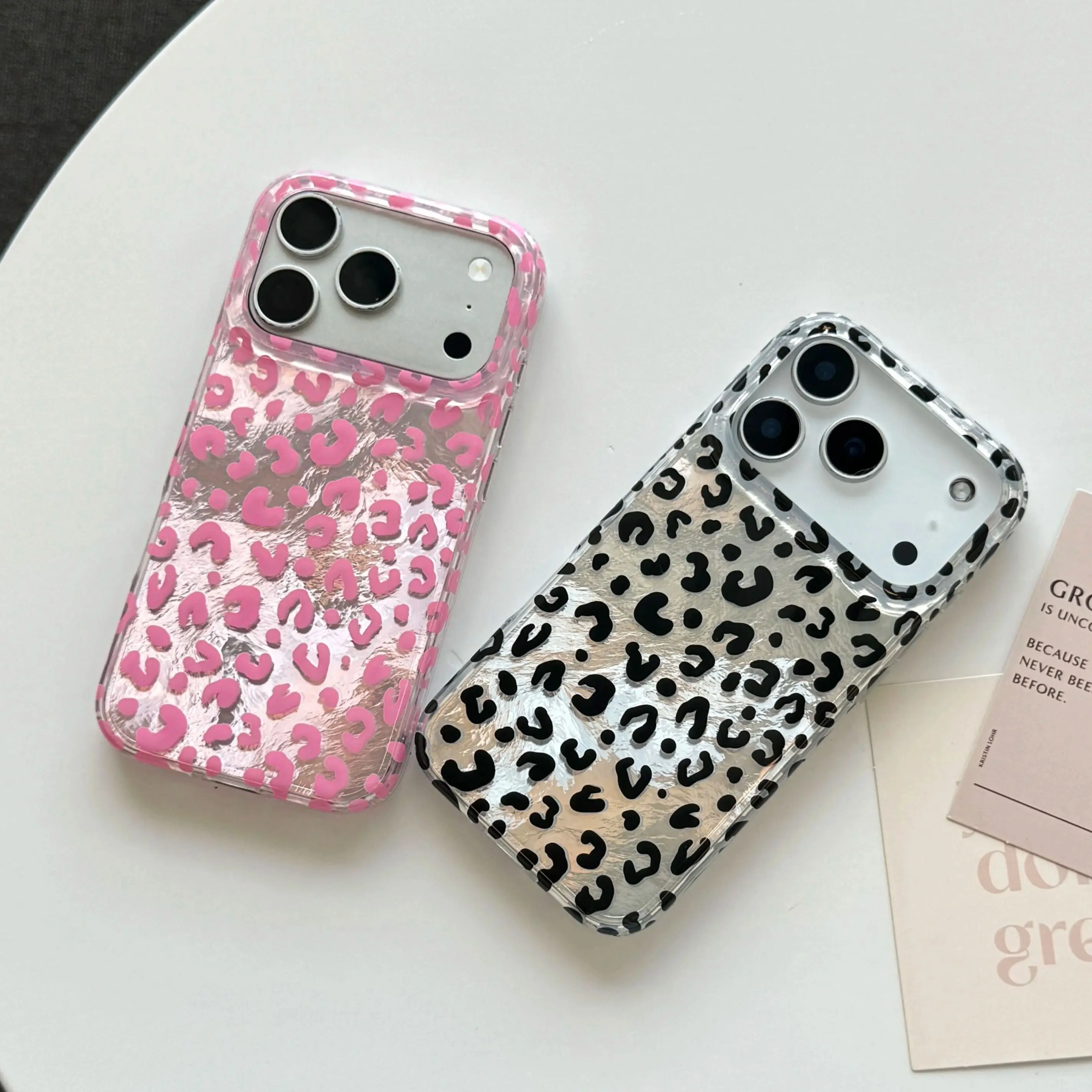 Coque de protection brillante à motif léopard noir et rose rétro, texture glacier, pour iPhone 17 16 15 14 Pro Max