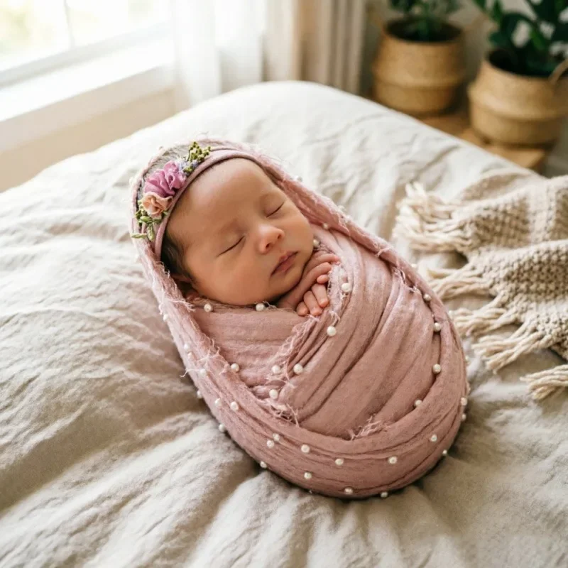 Cotton Linen Pearl Decorated Swaddle Wrap Fabric Posing Cloth Prop For Indoor Studio Portrait Shooting Scene Layout Supplies