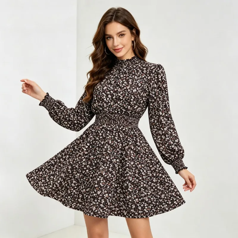 Women Long Sleeve Ditsy Floral Mini Dress Ruffled High Neck Elastic Waist A Line Short Dress Vintage Casual Daily Party Dress