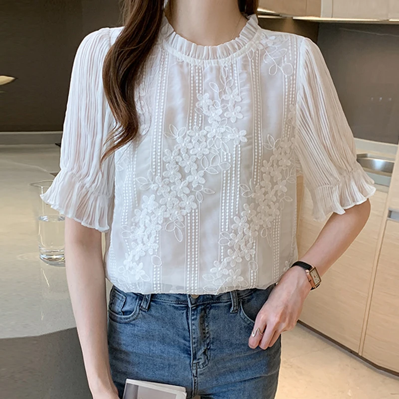 Summer Casual White Women Blouse Shirt Blouses Blusas Mujer De Moda 2024 Verano Short Sleeve Lace Chiffon Blouse Women Tops E950