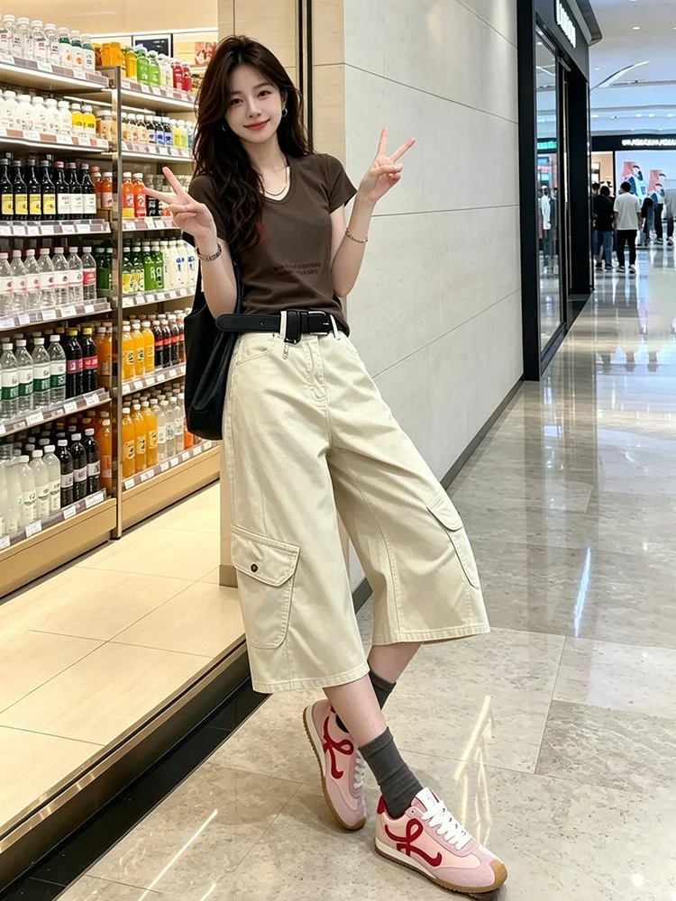 plus Size Casual Street Style T-Shirt And Pants Set with Multiple Pockets Seven-Foot Loose Fit Two-Piece Women's Fashion Ense...