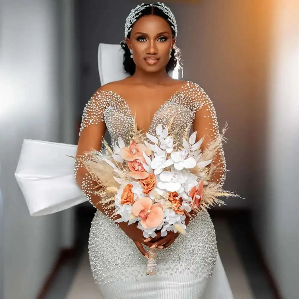 Maßgeschneiderte Luxus-Brautkleider im Meerjungfrauenstil mit Perlen, langen Ärmeln und Stufenrock, Übergröße, Brautkleid 2026, Vestido De Noiva – Detail 4