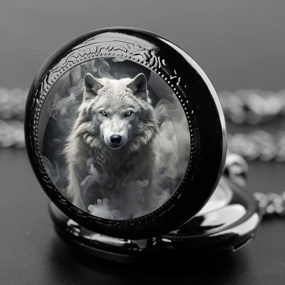 Delicate Geschenken Quartz Zakhorloge Wolf Ontwerp Glazen Koepel Ketting Hanger Klok Voor Heren Dames