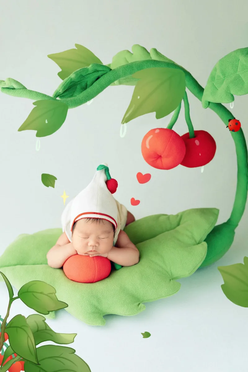 ❤️Newborn Photography Clothing Hat+Jumpsuit+Cherry Tree+Cherry+Leafage 5Pcs/Set Studio Baby Photo Props Clothes Outfits