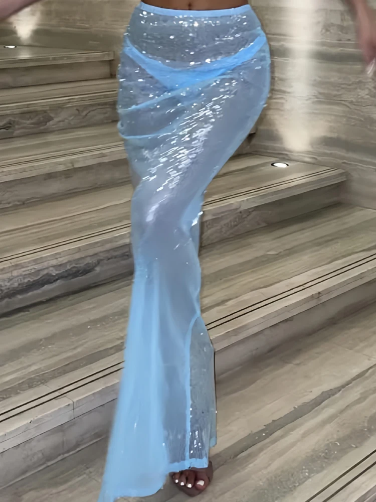 

Элегантная прозрачная юбка с высокой талией и пайетками, весна 2026, модная женская юбка средней длины, летняя повседневная, облегающая, длинная юбка с индивидуальным дизайном