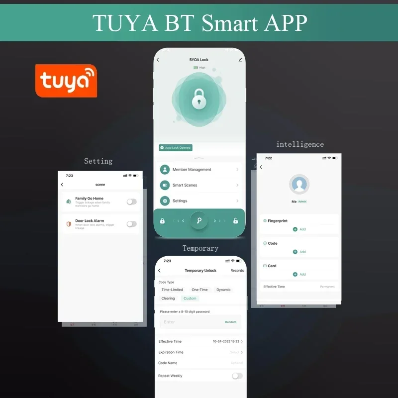 5YOA Tuya Fingerprint Door Lock for Wooden Iron Frame Glass Bluetooth Smart Electronic Biometric 13.56Mhz RFID Remote Control Un view 4