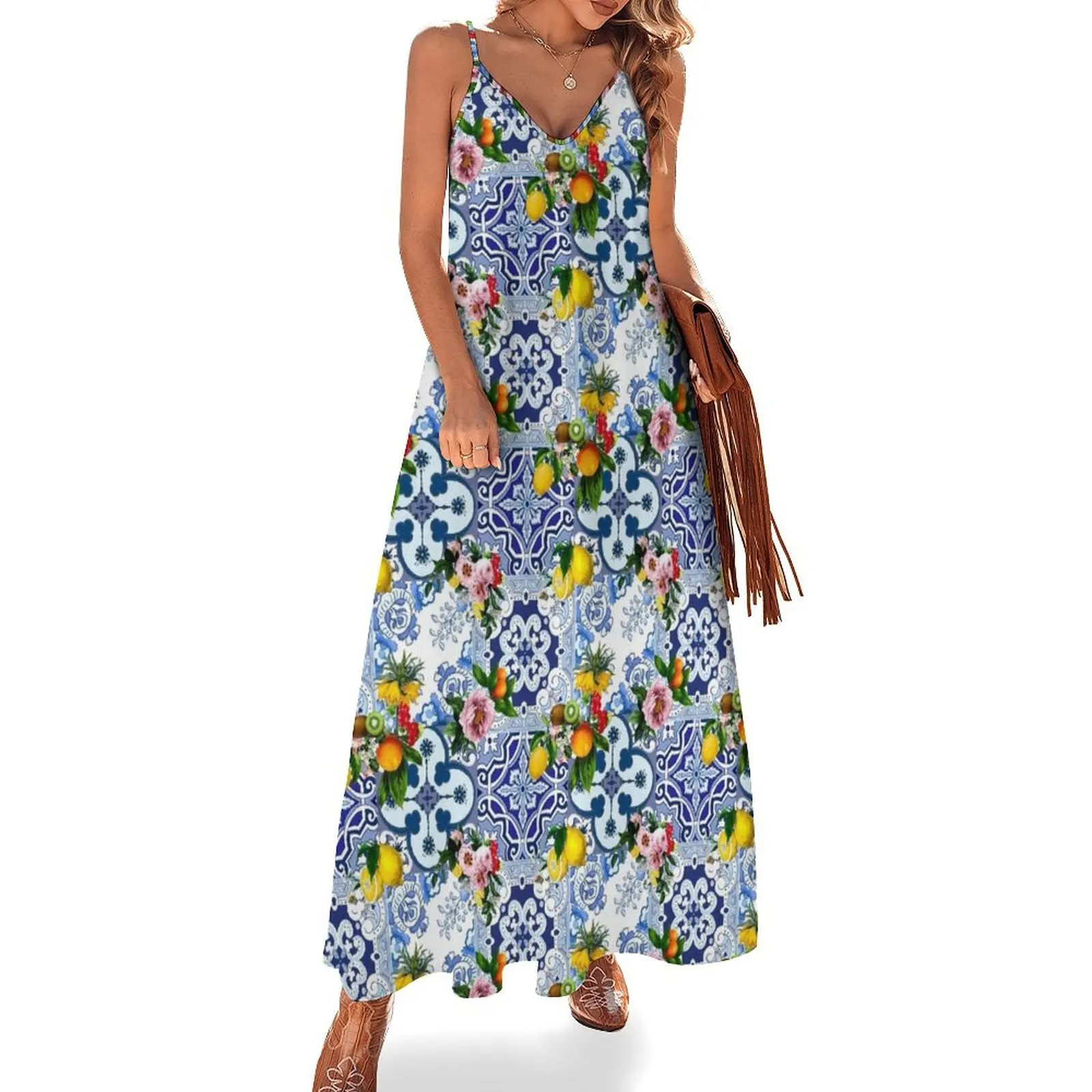 

Sicilian tiles,mediterranean,blue tiles ,lemons Sleeveless Long Dress long dress women women's elegant loose dresses Dress