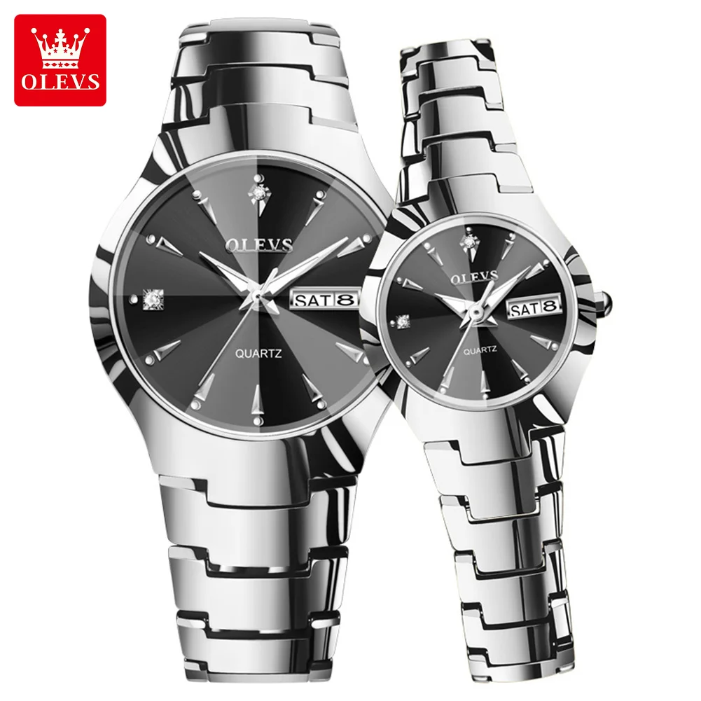 

OLEVS 8697 Роскошные часы для пар, ремешок из вольфрамовой стали, модные водонепроницаемые кварцевые часы с календарем и бриллиантовым циферблатом для влюбленных для мужчин и женщин
