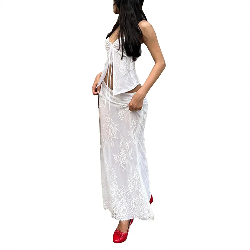 

Women's Sexy Two Piece Long Skirt Set Summer Outfit Y2k Clubwear Sleeveless Off Shoulder Lace Floral Bandeau Bodycon Skirt White