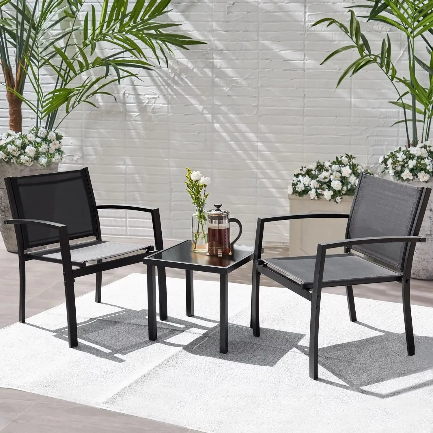 

Patio Chairs 3 Piece Outdoor Textilene Fabric Bistro Conversation Set with Side Table All Weather Porch Furniture