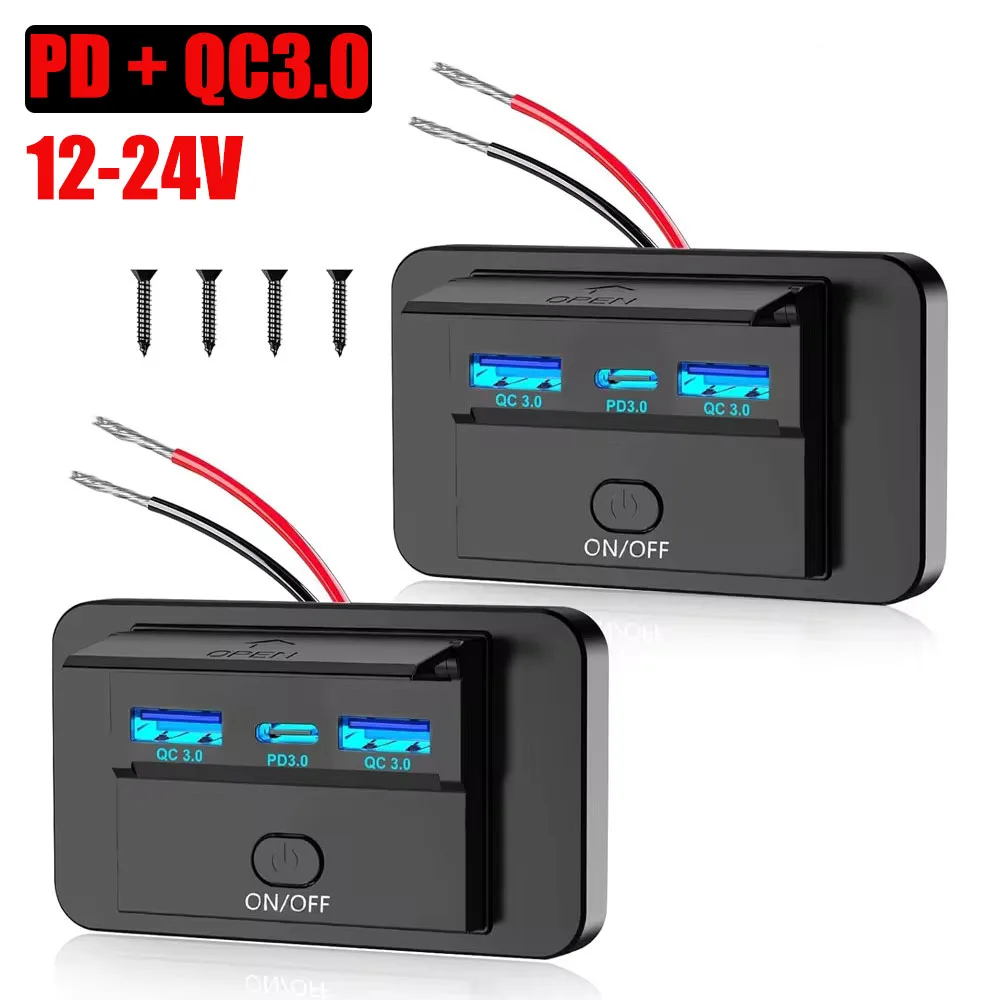 2024 3 Ports 12V RV USB Outlet 72W Dual USB C 36W and Dual QC 3.0 18W Port Car Charger Socket Accessories for Car Bus RV Truck