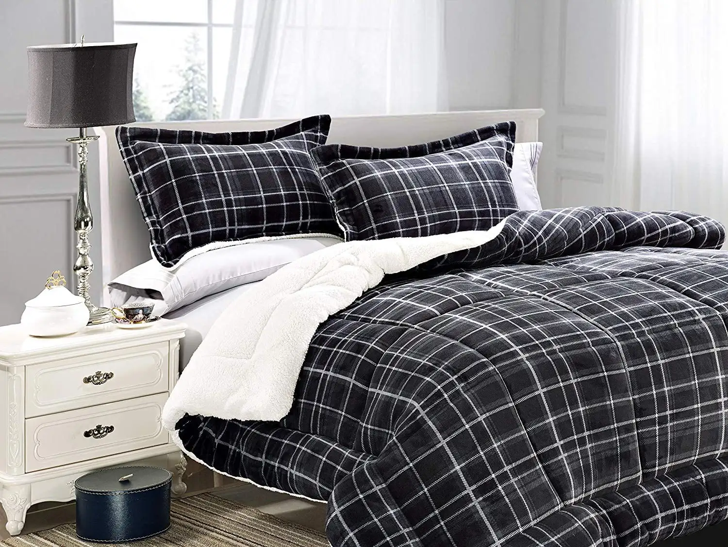 

1500 Thread Count 3 Pieces Comforter Set Full, Gray Plaid