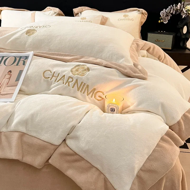 

Winter Luxury Bedding Set Include Quilt Cover Sheet Pillowcase Flannel Thickened Warm Duvet Cover Set Queen Size Bed Linens Set