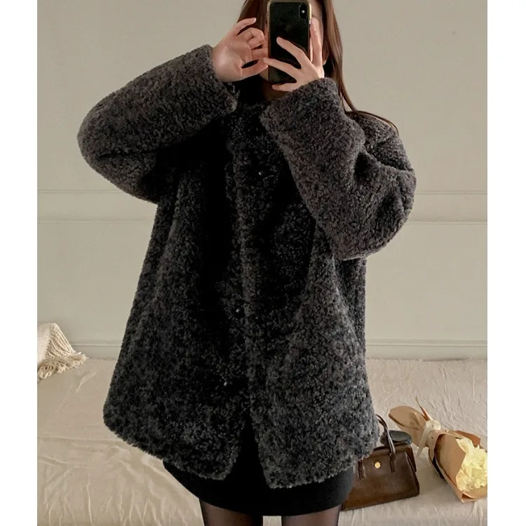 

Women's Chic Korean Sle Furry Loose Fit Stand Collar Button up Thiened Autumn Winter Coat Warm Retro Versatile Cotton Jaet