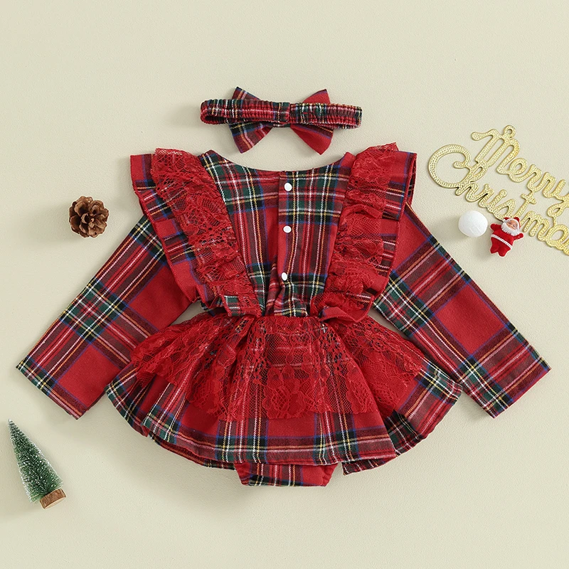 

Infant Girls Jumpsuit Outfit Holiday Costume Tartan Lace Frills Round Neck Full Sleeve Baby s with Hair Accessory