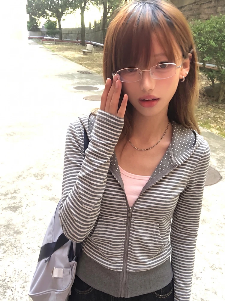 Tonngirls Y2k Japanische gestreifte Kapuzenpullover für Damen, langärmelig, Vintage-Oberteile, Streetwear, amerikanische Retro-Kapuzenpullover mit Reißverschluss, Fairycore 2000er Jahre – Detail 7