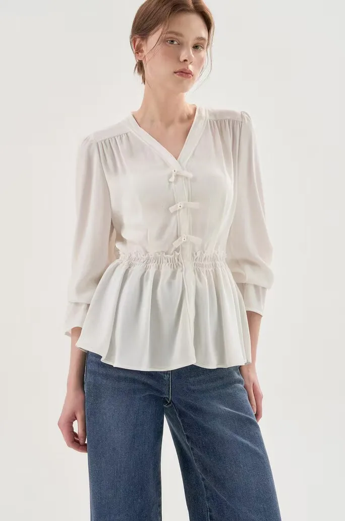 

Модная шифоновая рубашка с длинным рукавом и узлом, в корейском стиле, приталенная, с V-образным вырезом, на пуговицах, с манжетами, омолаживающая, молодежная