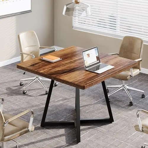 31.5" Square Conference Table, Industrial Office Meeting Table for 4 People, Business Podcast Furniture with Metal Base