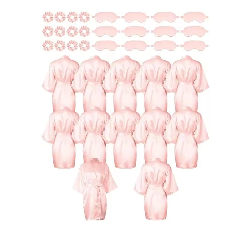 

12 Pack Satin Women Robes Kimono Robe Bulk with Sleeping Mask and Hair Tie Sets Silky Bathrobes for Birthday Wedding Party
