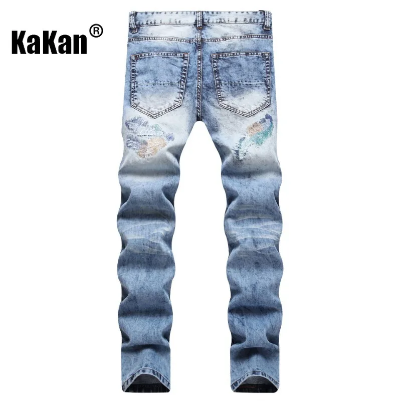 Kakan - New Colorful Embroidered Random Thread Broken Hole Jeans for Men, Personalized Small Leg Pants K19-8841