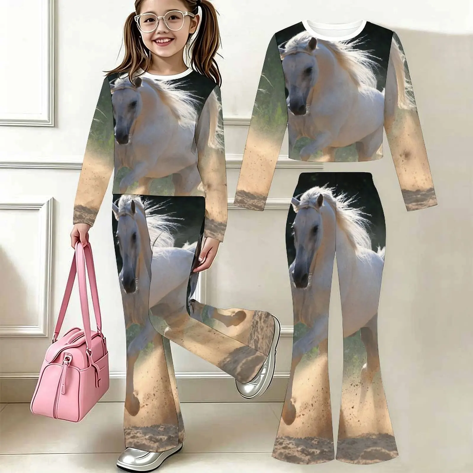 2pcs Autumn Winter Girls' Round Neck Long Sleeved Slim Two-piece Set Fashion Bell-bottomed Pants Children's Casual Pants