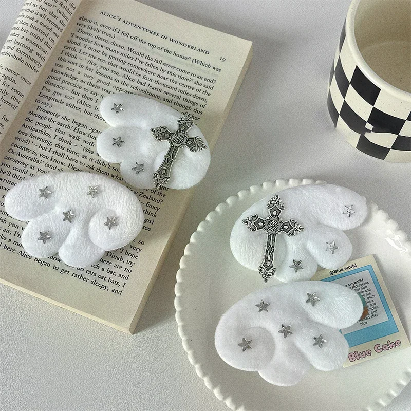 Cute White Angel Wings Gothic Cross Hair Clip Subculture Y2k Hairpin Headwear Hair Accessory