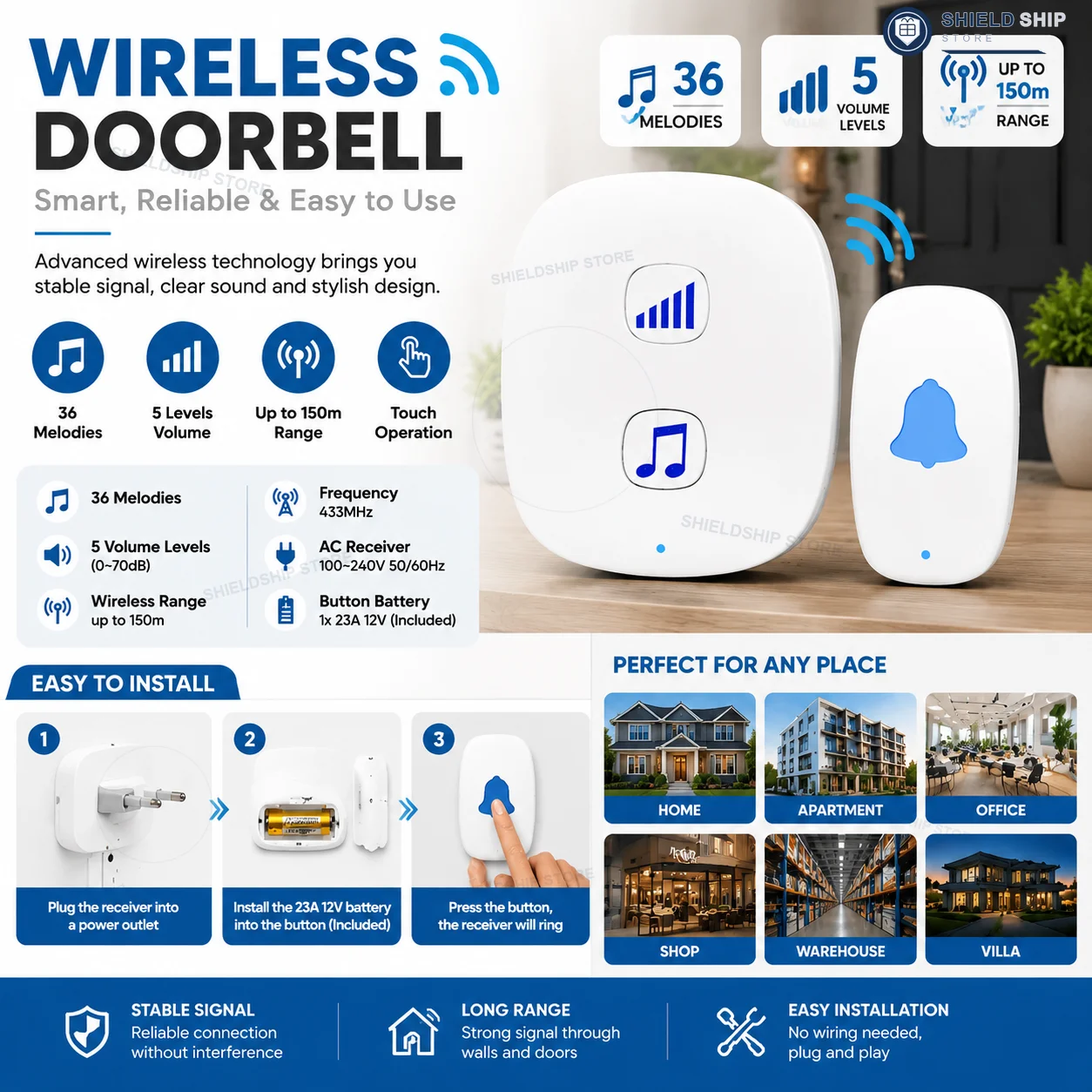 Kit de sonnette sans fil intelligente avec 36 mélodies, 5 niveaux de volume réglables, signal longue portée de 150 m, installation facile pour maison et appartement