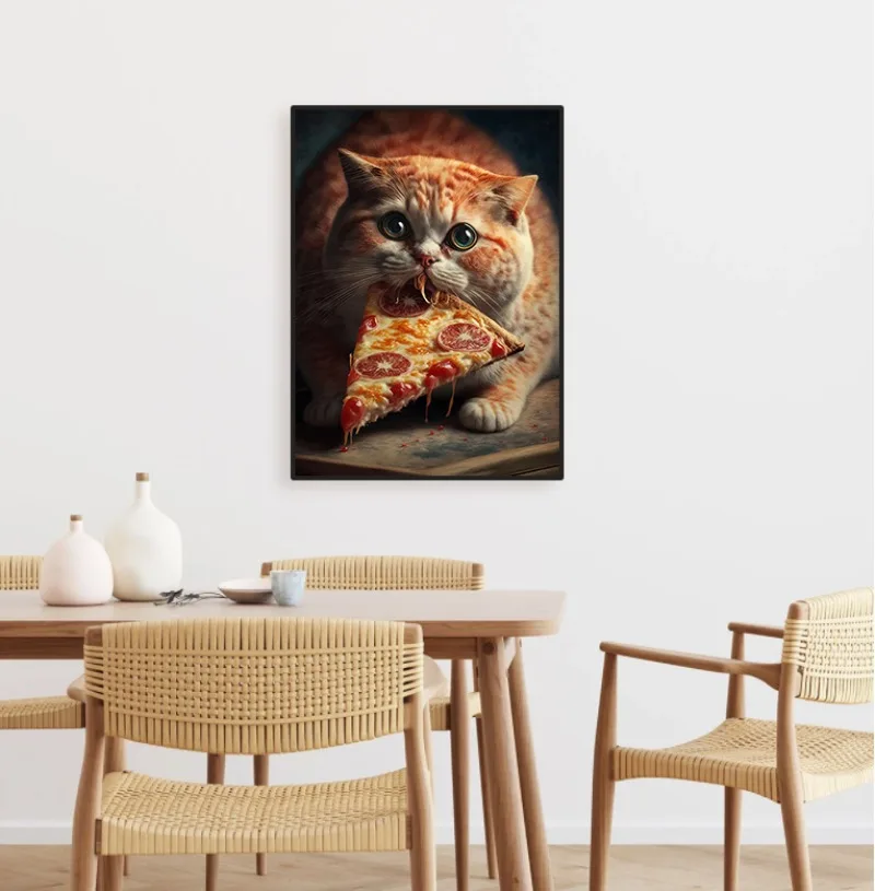 مضحك القط يجلس على المرحاض ملصق ، لطيف الحيوان ، الدهون القط ، أكل البيتزا و الشرب ، قماش اللوحة لغرفة ، المنزل جدار ديكور #4